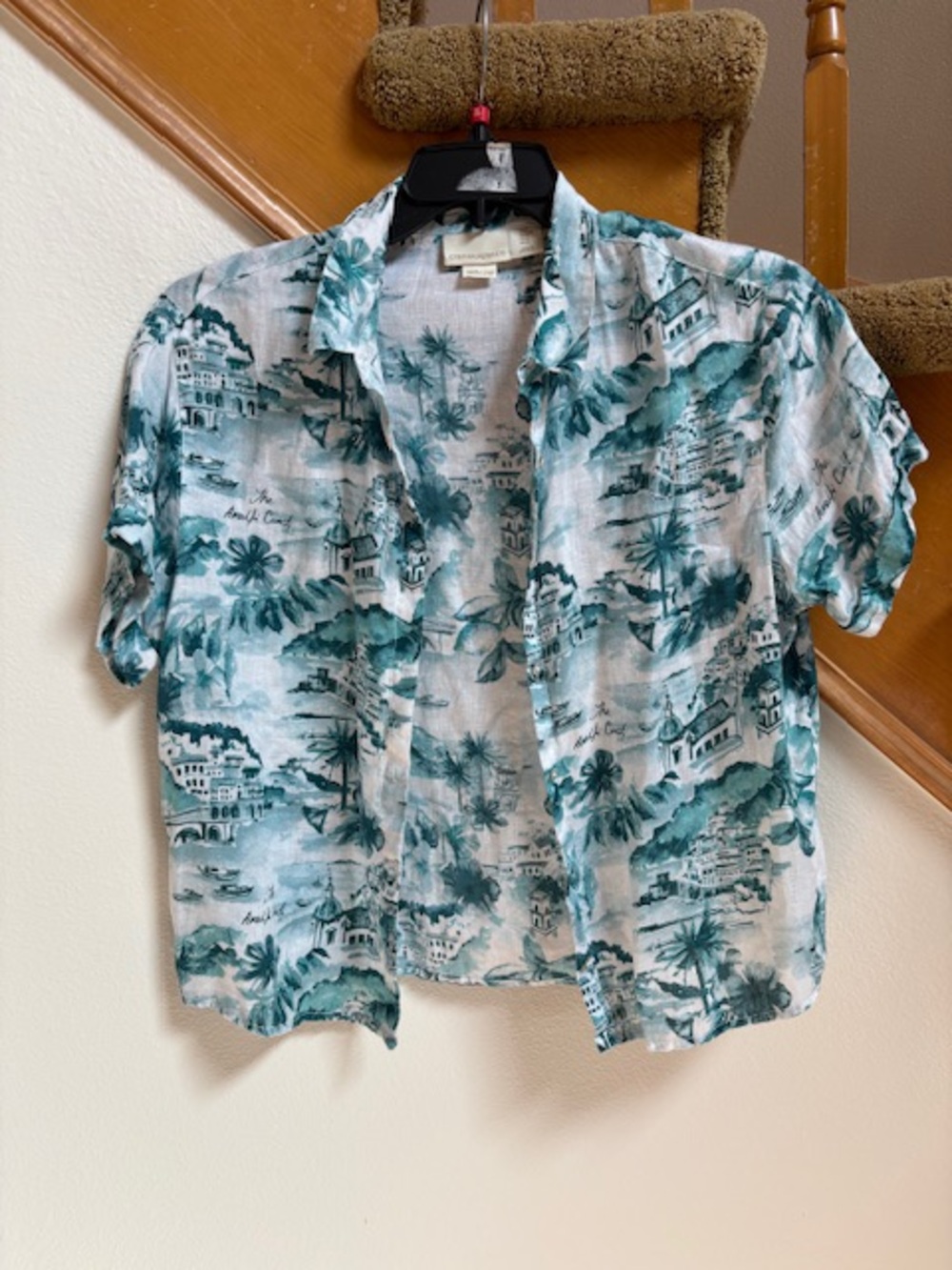 Cynthia Rowley Teal Tropical Linen Button-down Tee never worn women/YA size M